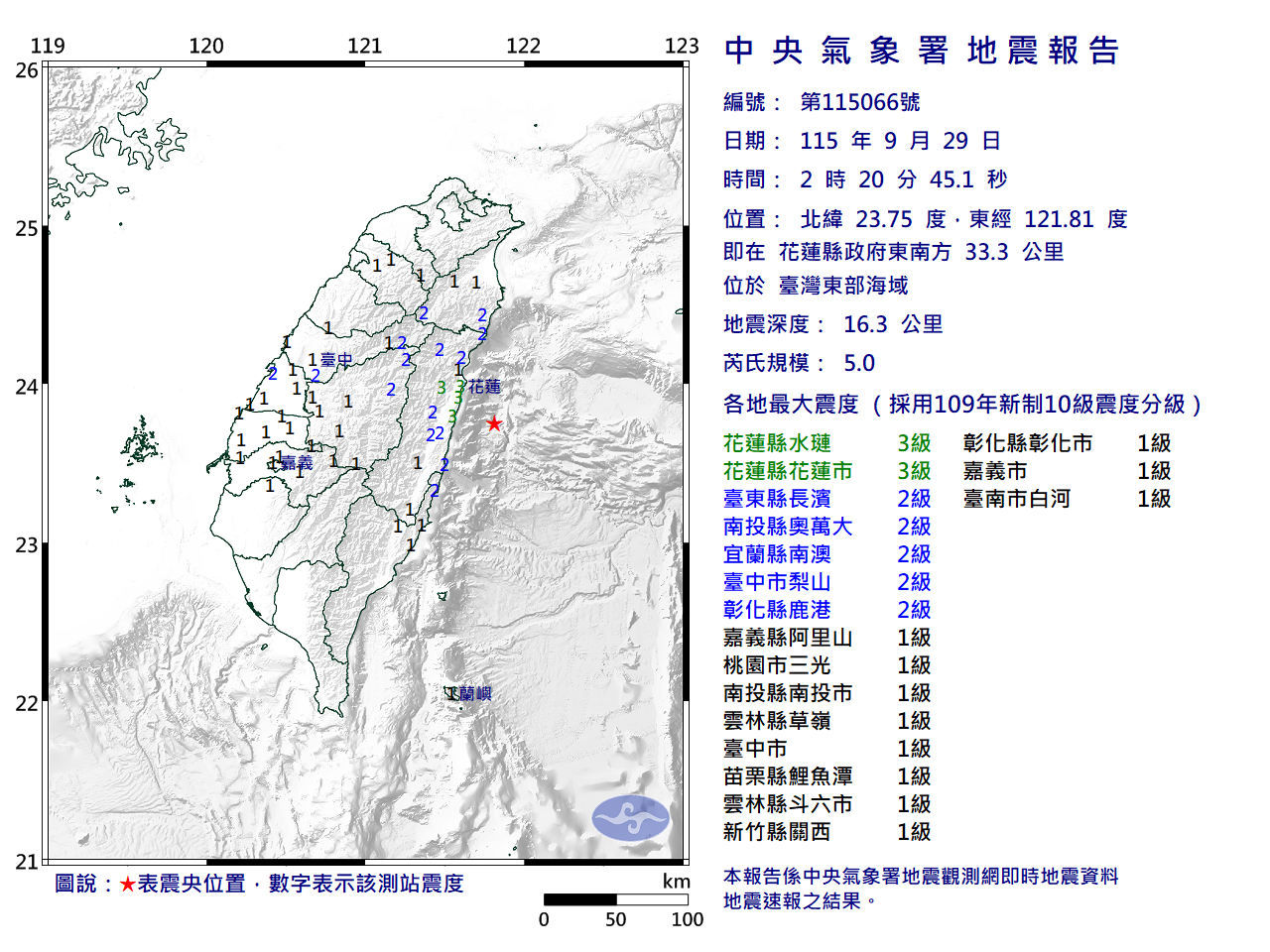 快訊》02:20臺灣東部海域發生規模5.0有感地震 最大震度花蓮縣水璉、花蓮縣花蓮市3級