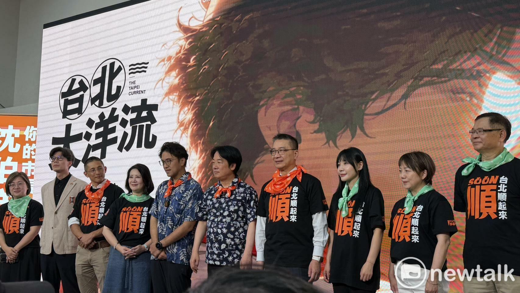  沈伯洋舉辦「洋流號記者會」，與會者包括賴清德、競總總督導徐國勇、競總總幹事吳思瑤、競總執行總幹事吳沛憶、競總副主委吳怡農、競總首席副總幹事李建昌、競總政策召集人陳培瑜、競總文宣召集人范雲等。 圖：高逸帆／攝 
