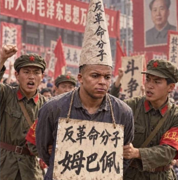  有網友做AI圖，把稱毛澤東為獨裁者的姆巴佩打成「反革命分子」，嘲諷中國的大力打壓。 圖 : 翻攝自 X / Inty news 