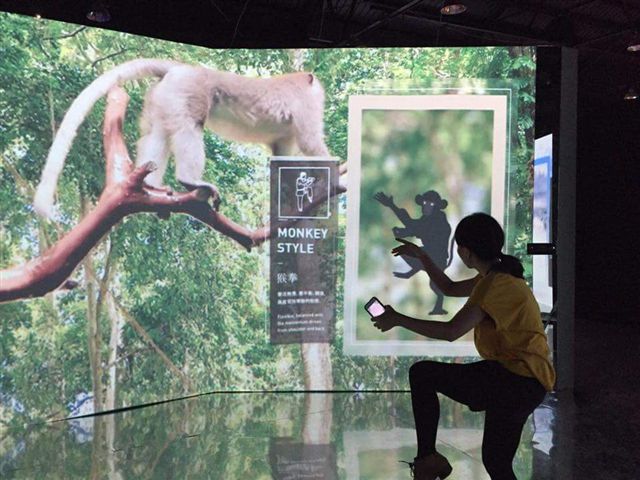 「仿生體感幻影鏡屋」，用kinect體感科技與沉浸式投影方式，讓人彷彿置身在各種生態中，幻化成猴子、老虎等，打著不同的動物拳法，體驗古代拳法來自於對生物的觀察。   圖：高雄市文化局/提供
