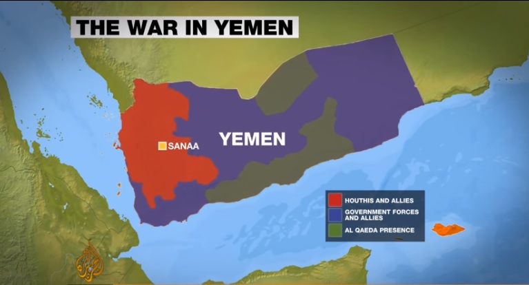 葉門叛軍胡塞武裝組織獲得伊朗支援，而政府軍則獲得沙烏地阿拉伯聯軍援助，兩軍持續交戰至今。紅色區塊為胡塞佔領區。   圖：翻攝自YouTube