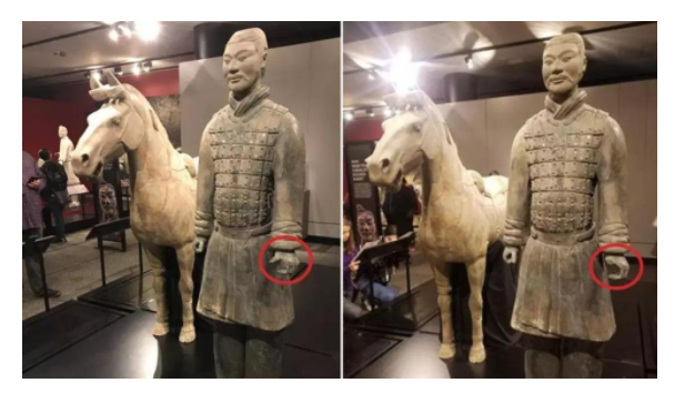 中國兵馬俑文物在美國費城富蘭克林學會博物館展出時，竟發生被遊客破壞並盜走手指的事件。 圖：翻攝自環球網 