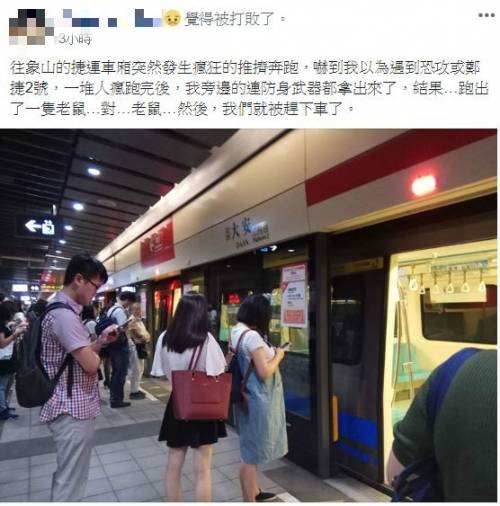 民眾在臉書上po文表示，北捷老鼠事件造成民眾奔逃，大家以為是鄭捷事件的翻版。   圖 : 翻攝自臉書