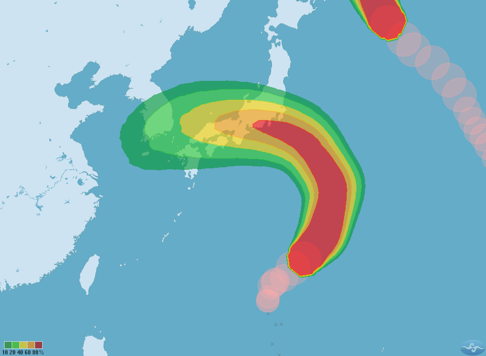 台灣颱風論壇｜天氣特急在FB說明，雲雀預計週六會襲擊關東，可能影響就僅限於暴風圈通過的區域而已，但仍提醒本周末到日本旅遊的旅客。