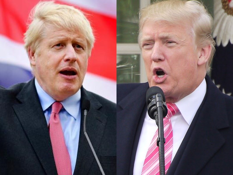 英國首相強生（左）24日上任，美國總統川普（右）26日表示，已和強生通過電話，就貿易協定展開討論。   （左圖取自facebook.com/borisjohnson、右圖為中央社檔案照片）