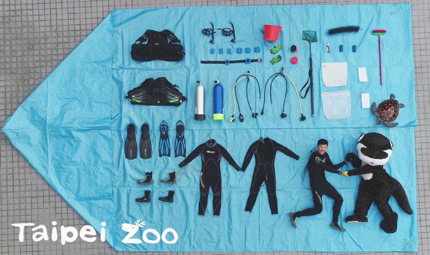 除了陸地上的工作裝備，動物園也祭出潛水裝備一覽。   圖：台北市立動物園