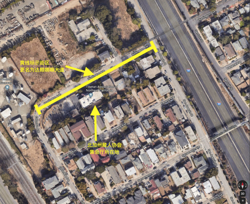 美國加州列治文市將原本的亨廷頓大道（黃線處），更名為「達賴喇嘛大道」，獲得當地居民支持，   圖：翻攝自《西藏之聲》/Google map