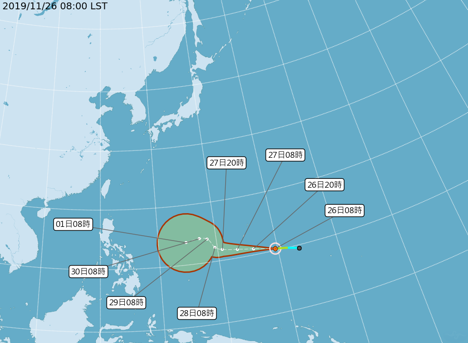 第28號颱風北冕於26日早上形成，對台灣無直接影響。   圖：翻攝自氣象局網站