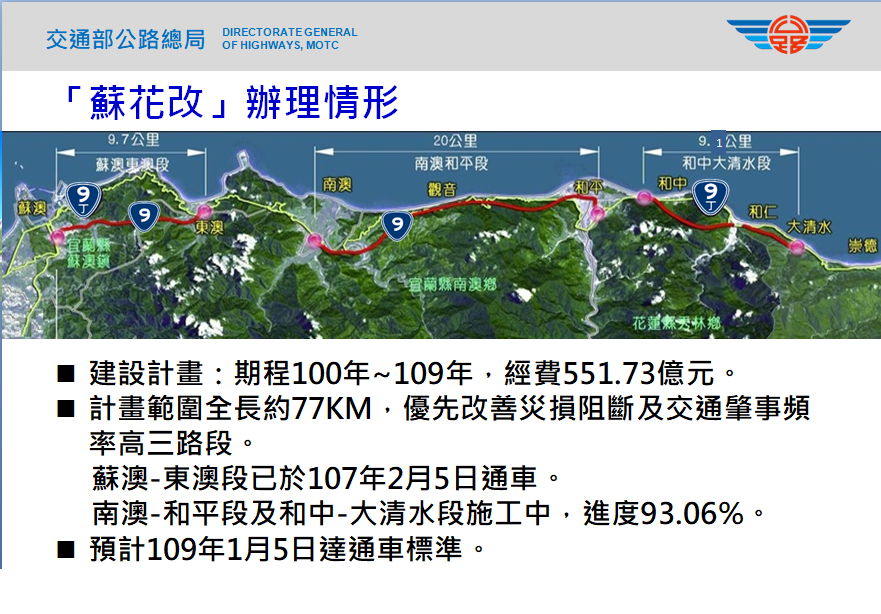 蘇花改辦理情形。   圖：公路總局提供