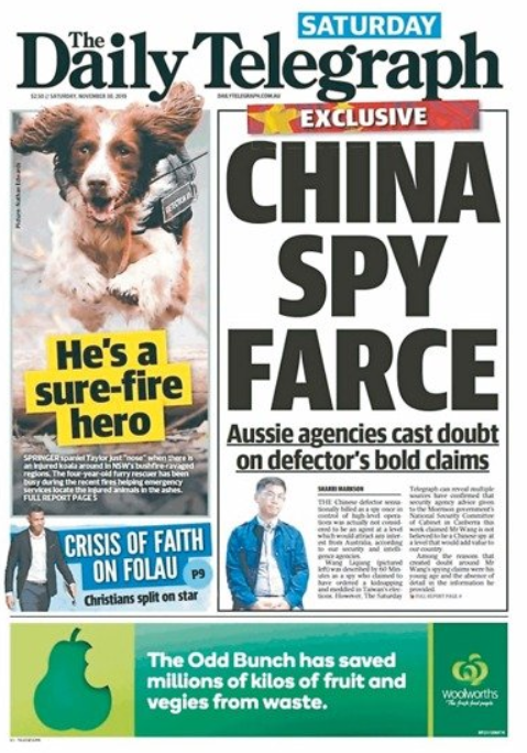 澳洲「每日電訊報」以China Spy Farce(中國間諜鬧劇)為封面標題   圖：翻攝自澳洲「每日電訊報」官網