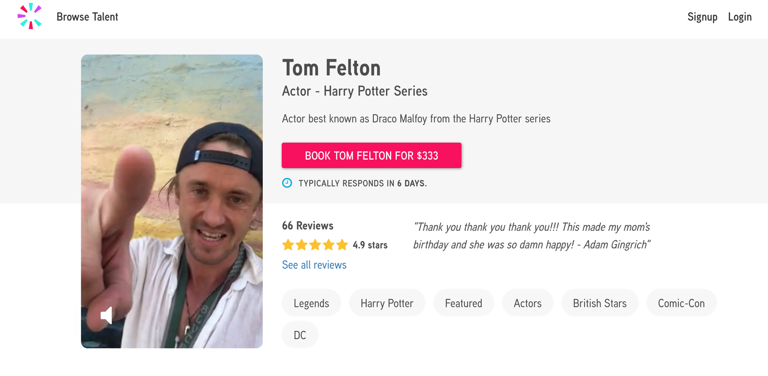 只要 300 美元，就能請託《哈利波特》的馬份 Tom Felton 為你錄一段短影音。   圖：取自 Cameo 官網