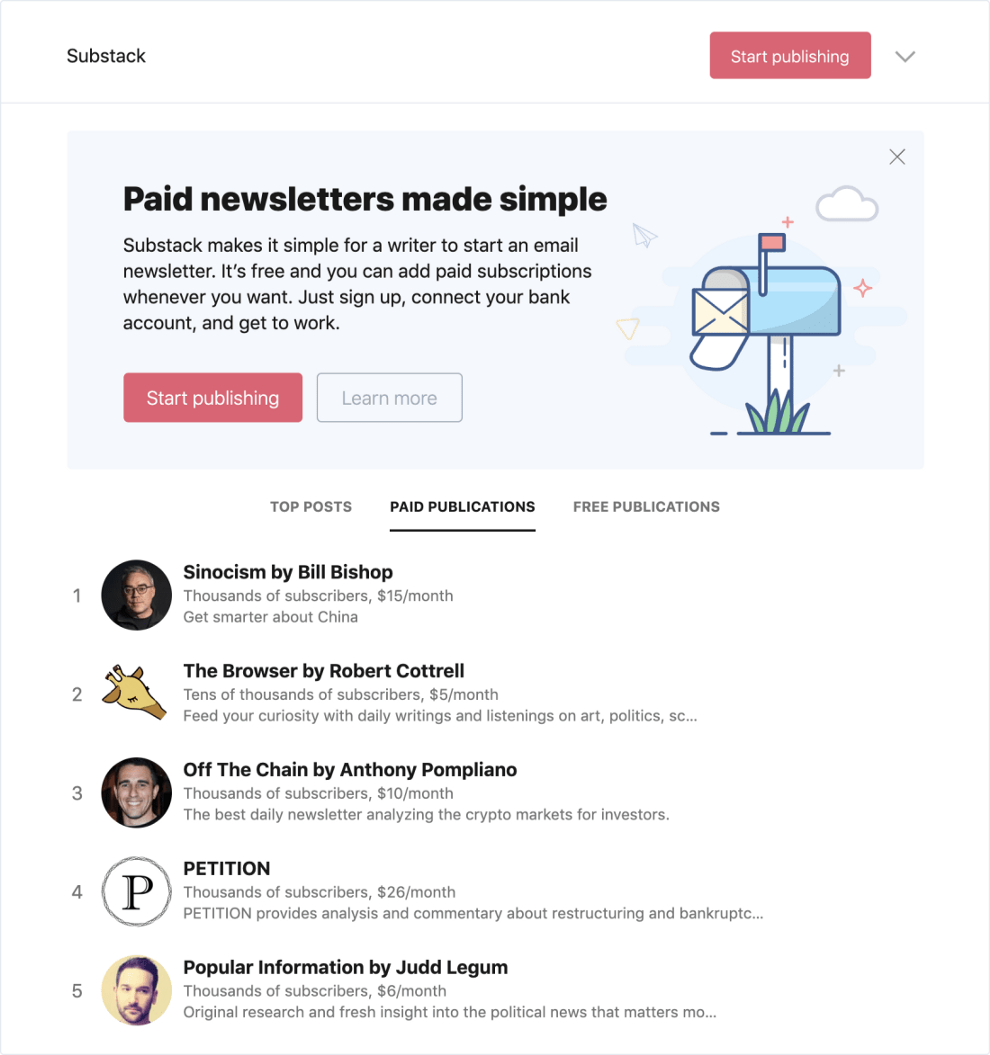 Substack 供作者自由定價訂閱費用，讓內容變現更直觀。 Bill Bishop 的 Sinocism 是平台上的第一個內容創作者。   圖：取自 Substack 官網