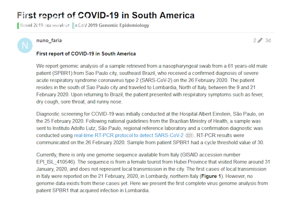 報告指出，這株巴西病毒的基因組，與中國公佈的有3處不同。   圖：翻攝自《First report of COVID-19 in South America》