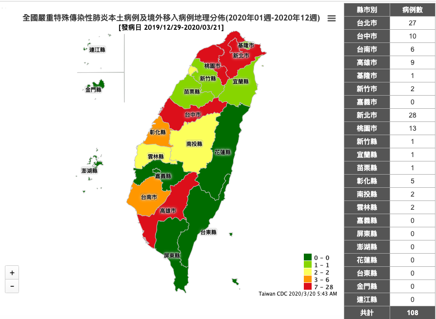 武漢肺炎本土個案、境外移入分佈圖    圖：擷取自疾管署傳染病統計資料查詢系統