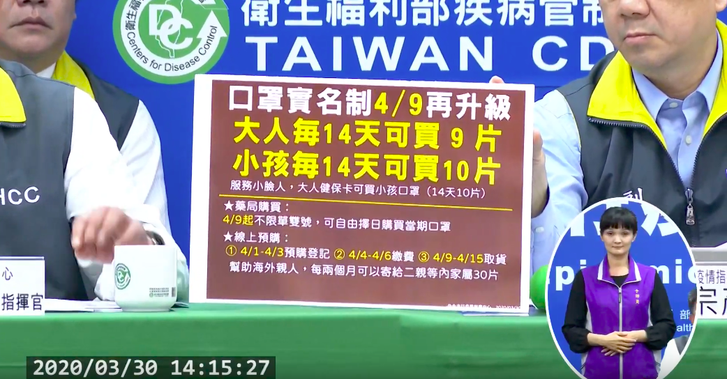 口罩實名制將於4月9日升級。 圖:取自中央流行疫情指揮中心直播影片
