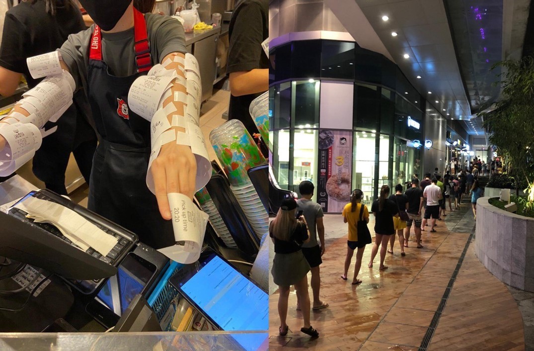 新加坡的珍珠奶茶店21日晚間出現排隊人潮，店員當晚訂單爆增。   圖：翻攝自Twitter