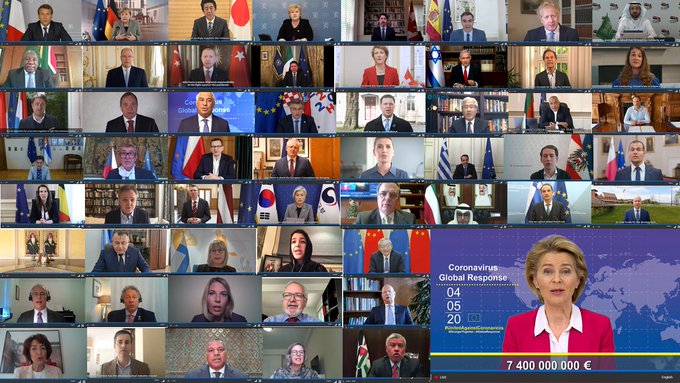 歐盟主席萊恩（右下角紅衣者）召開視訊會議，為WHO研發武漢肺炎疫苗募款，有42國參與，美俄都缺席。   圖：翻攝自萊恩推特