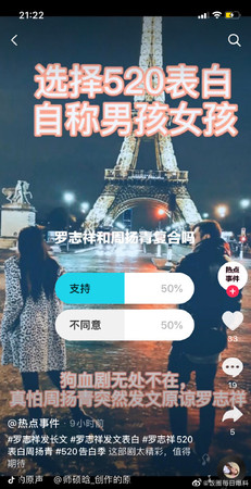 中國抖音平台上有粉絲團舉辦是否支持羅志祥復合周揚青的投票活動。   圖：擷取微博