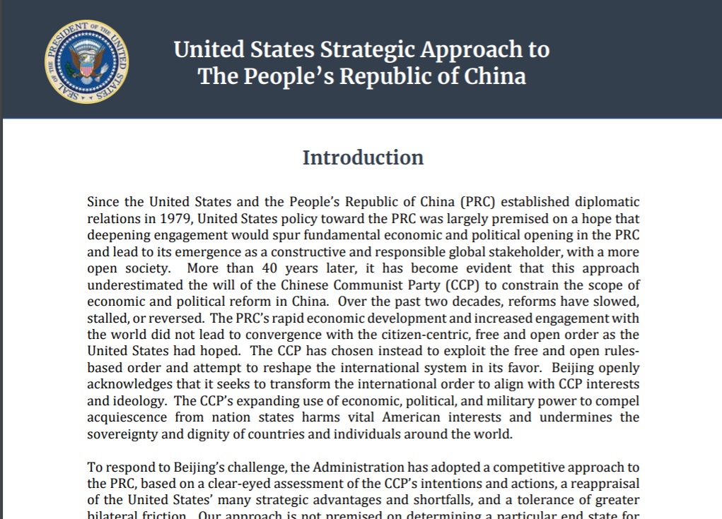 白宮發表1份長達16頁的《美國對中華人民共和國的戰略方針》報告，表示低估中國共產黨的殘暴。   圖：翻攝自美國白宮