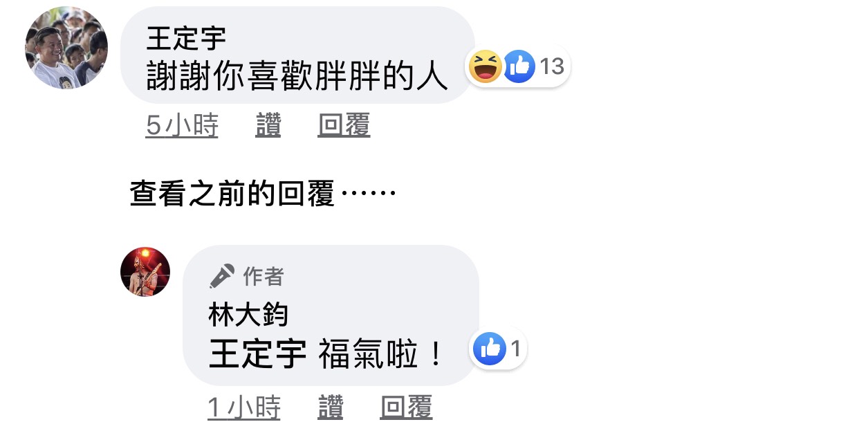 發文意外引出民進黨立委王定宇留言。   圖：翻攝林大鈞臉書