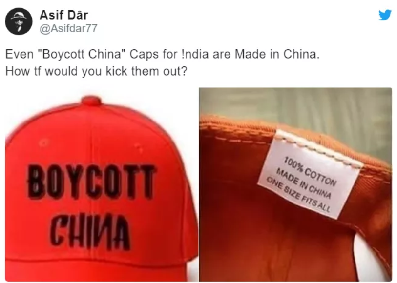 印度民眾發起「抵制中國」活動，紛紛購買上頭寫著「抵制中國」文字的帽子與衣服。   圖：翻攝自環球時報