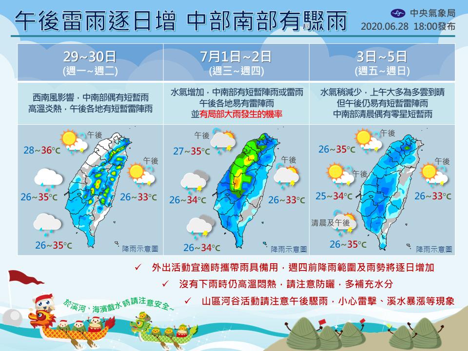 中南部易有短暫陣雨或雷雨，但持續時間不長。   圖：翻攝自氣象局臉書