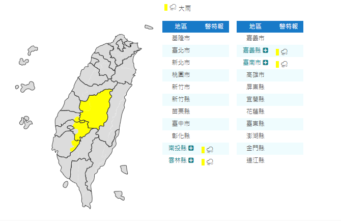 大雨特報的範圍為：南投縣、雲林縣、嘉義縣、台南市。   圖：擷取自中央氣象局