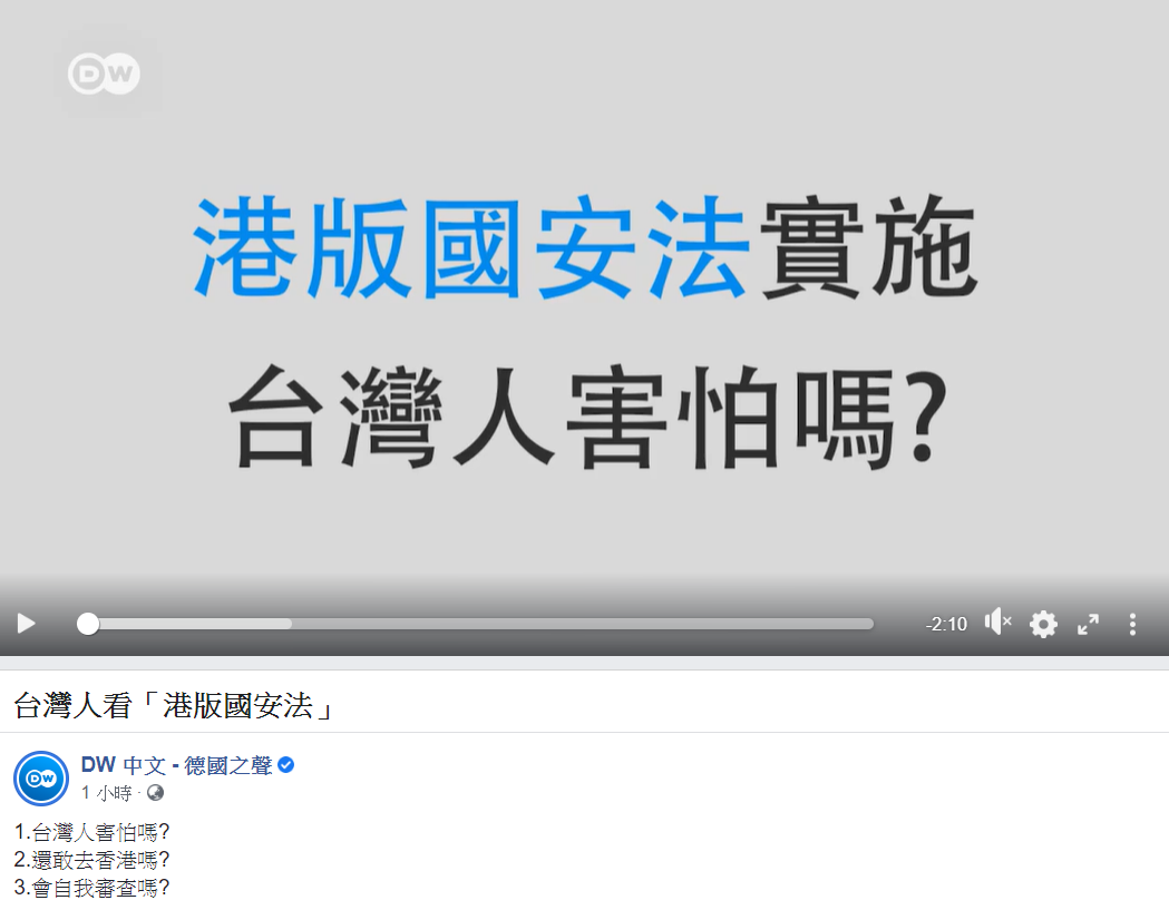 德媒《德國之聲》街訪，問「港版國安法實施，台灣人害怕嗎？」等問題，在受訪的民眾中，大多數人都「感到害怕」。   圖：翻攝自德國之聲臉書