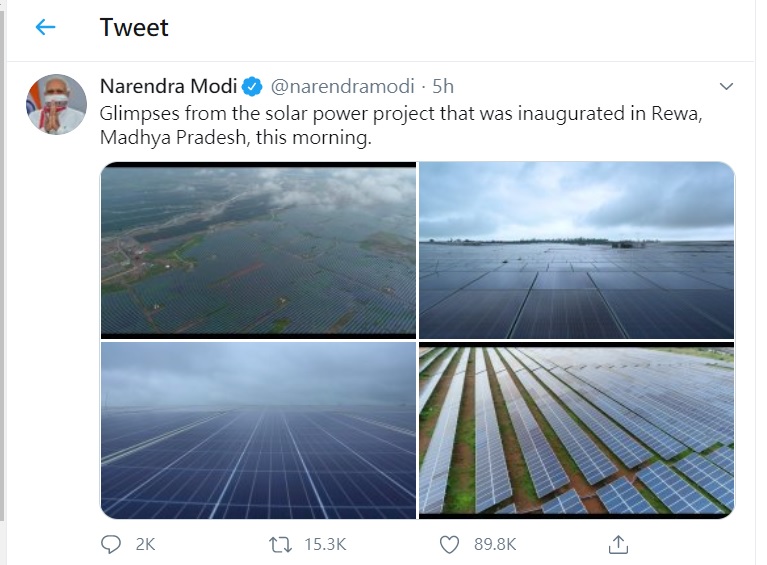 為了避免被中國掐住能源勒索，印度啟動了全亞洲最大的太陽能發電站   圖：z0 gk4y4莫迪推特