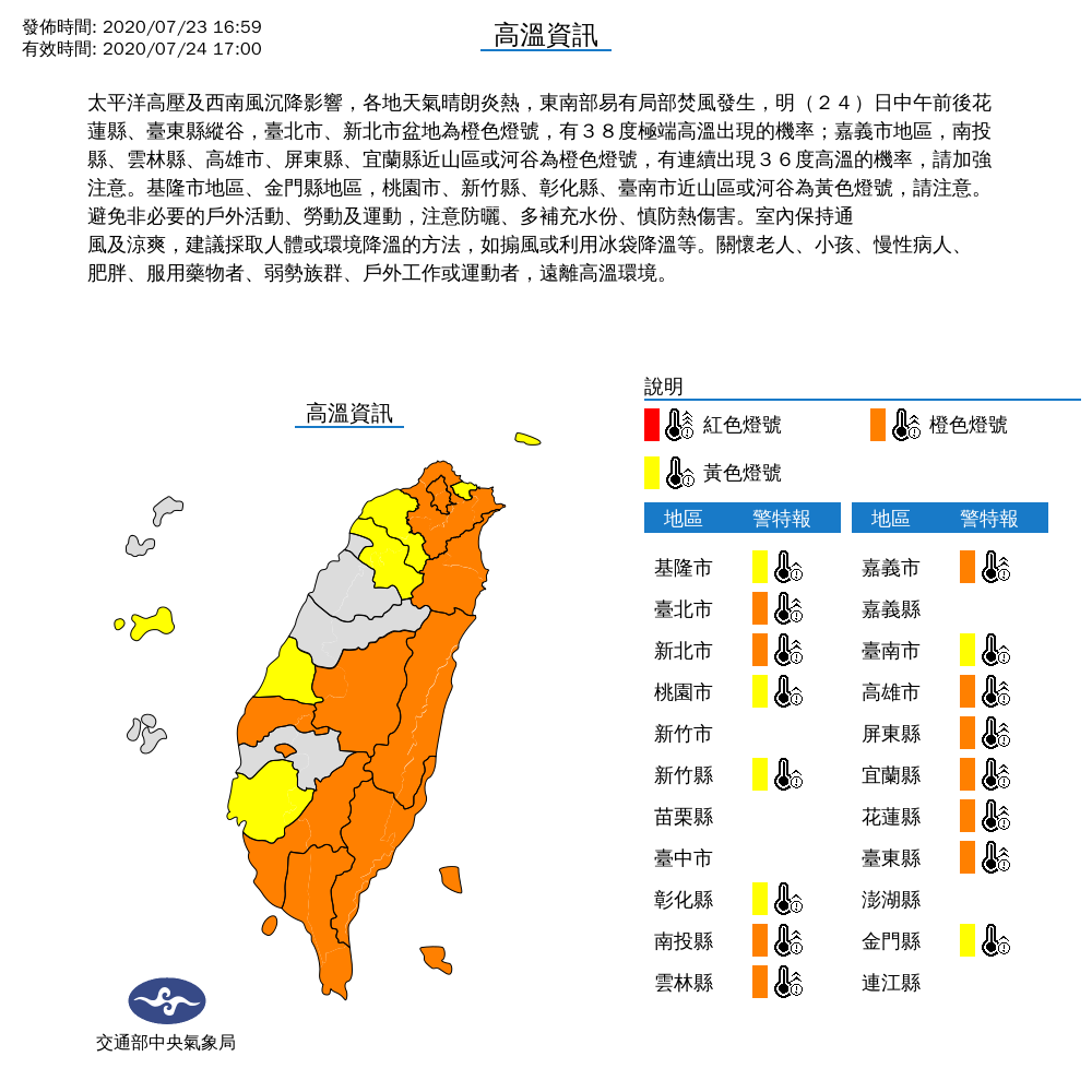 全台持續高溫，16縣市拉警報。   圖：中央氣象局/提供