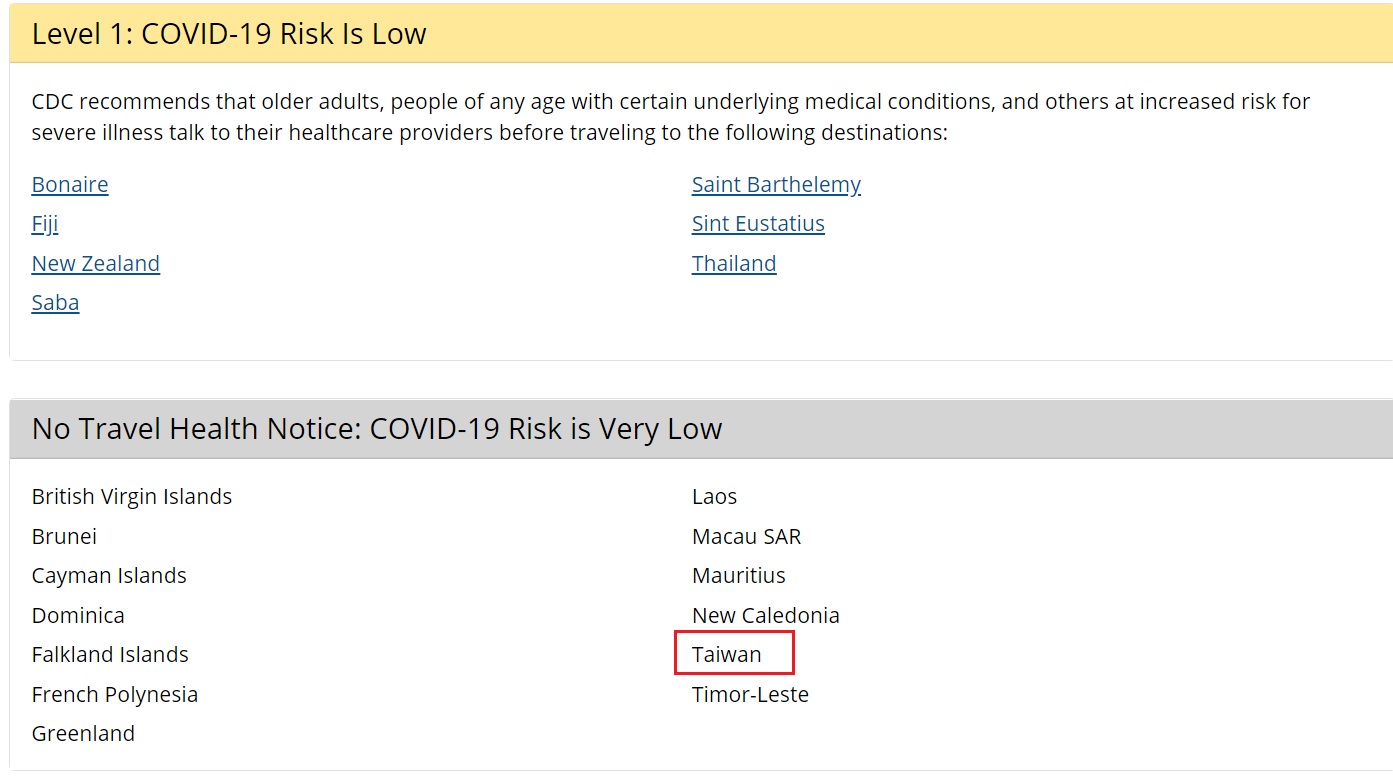 在美國疾病管制暨預防中心的全球旅遊5級風險分類中，台灣與汶萊、格陵蘭等12國家，列在風險極低國家名單。   圖：翻攝自美國疾病管制暨預防中心
