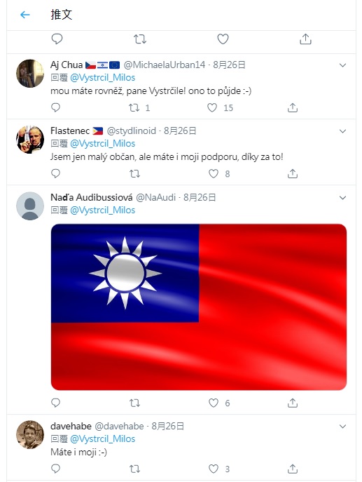 捷克參議院議長韋德齊的推特有許多網友留言支持，還有人貼上我國旗為台捷友好打氣。   圖：翻攝自韋德齊推特