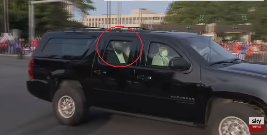 US President Trump (red circle) was diagnosed with Wuhan pneumonia, but left the hospital in a protective car for a short time and greeted supporters on nearby streets, terrorizing the doctors' vote.  Photo: Obtained from YouTube / Sky News