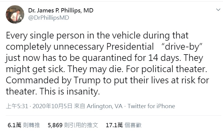 Phillips, head of emergency medicine and disaster medicine at GWU in the United States, criticized Trump on Twitter: He was diagnosed with Wuhan pneumonia and left the hospital without authorization, which is fundamentally insane.Figure: Phillips Twitter inverted