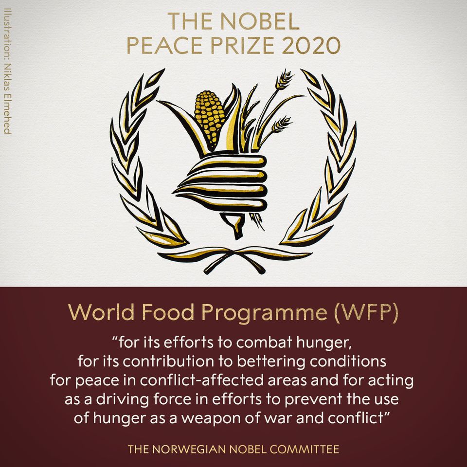 諾貝爾9日公布授予世界糧食計劃署(WFP) 2020年諾貝爾和平獎   圖：Nobel Price粉絲專頁