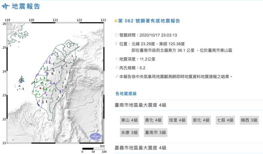 根據中央氣象局最新資訊，17日晚間 11時3分發生芮氏規模5.2地震，地震深度11.2公里。&nbsp;&nbsp;&nbsp;圖：取自中央氣象局