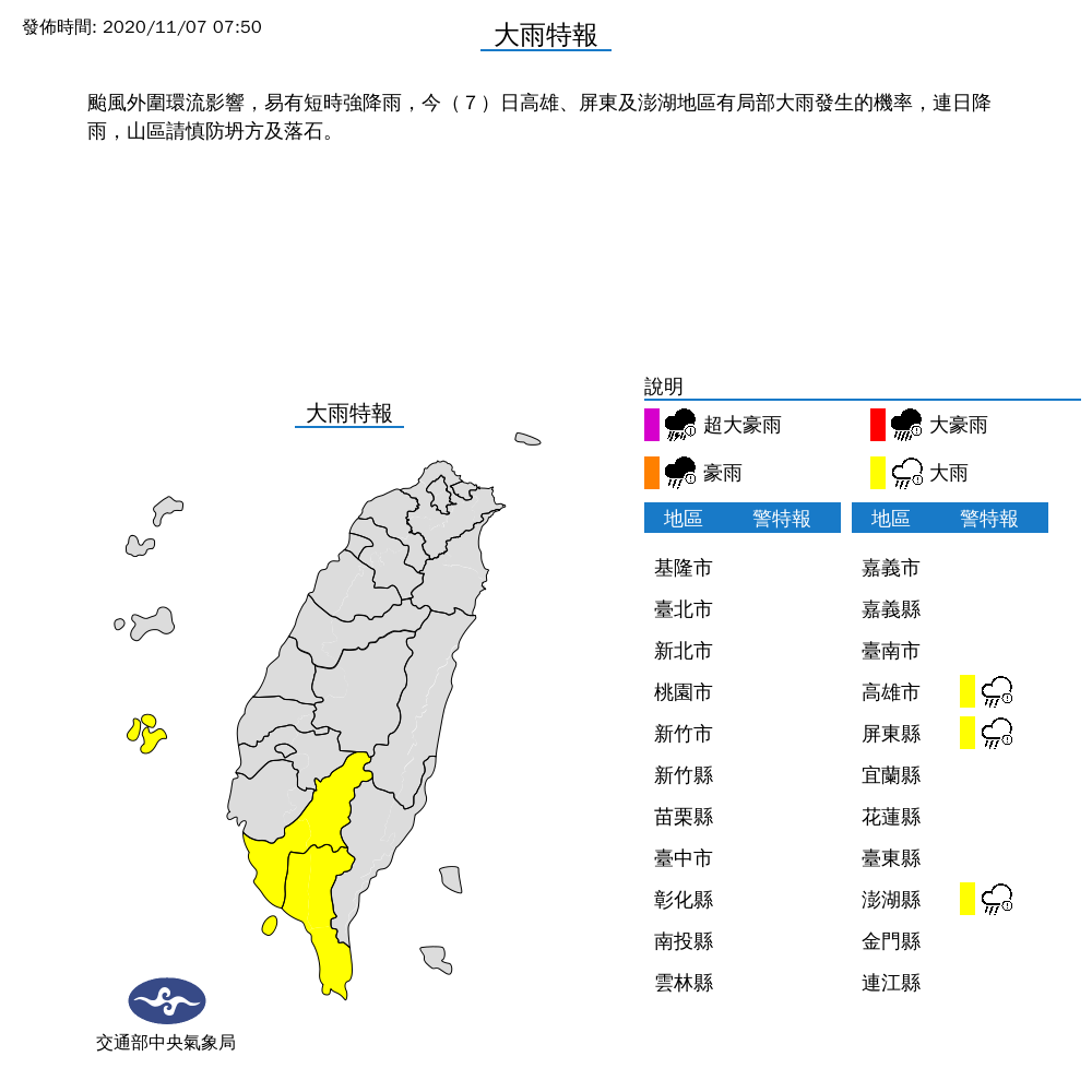 The Meteorological Office issued a special report on the heavy rains in Kaohsiung, Pingtung and Penghu this morning Image: Central Meteorological Office / provided