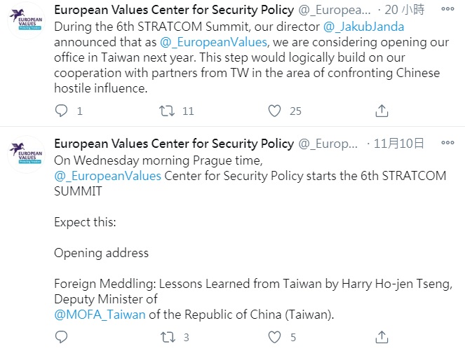 Czech think tanks are set to set up shop in Taiwan next year on Twitter.  Photo: taken from Twitter