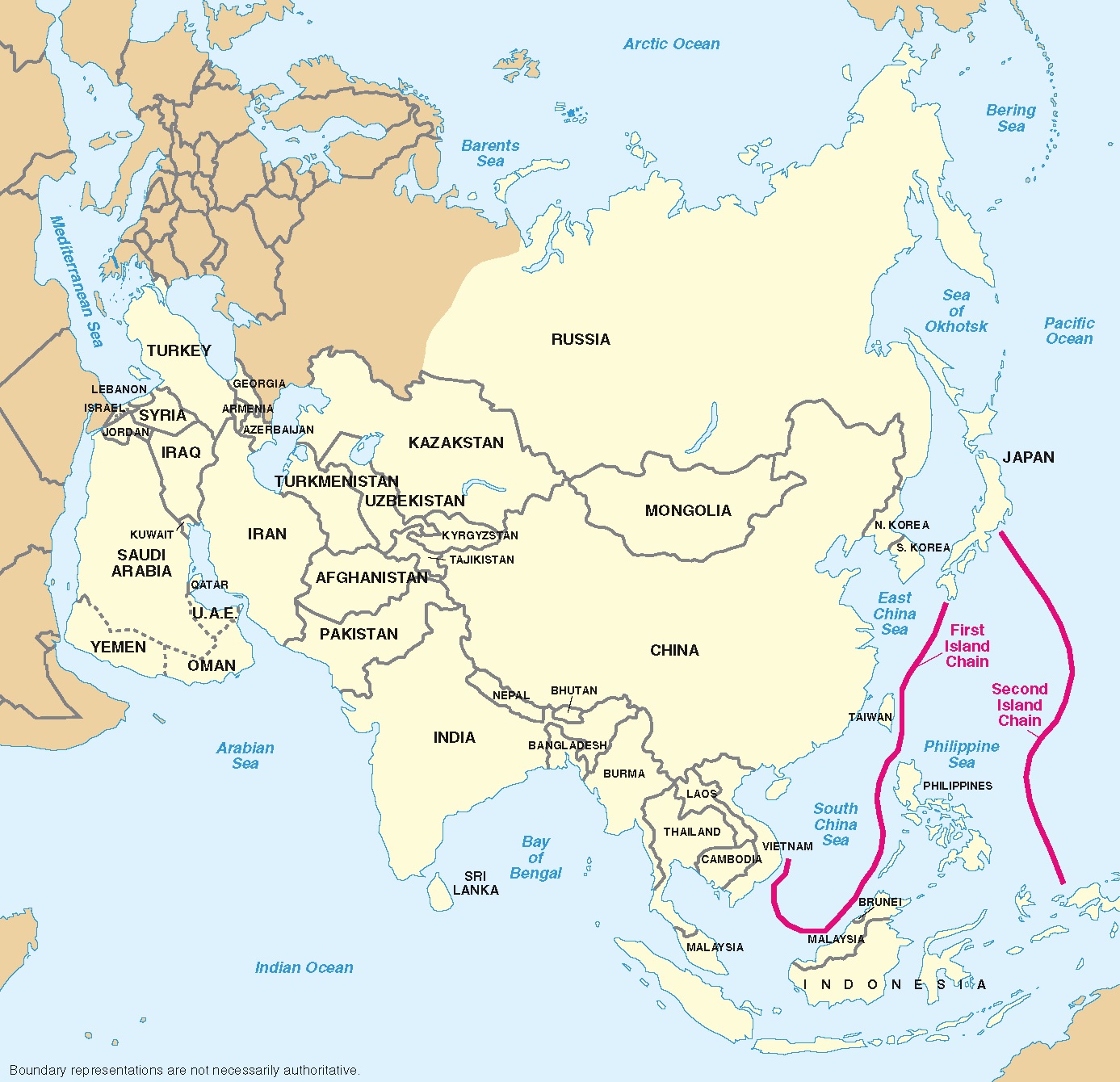 Taiwan (on the left red line) is in the heart of the first island chain.  For the United States, losing Taiwan may mean losing Asia and the entire Pacific Ocean.Figure: Retrieved from Wiki website