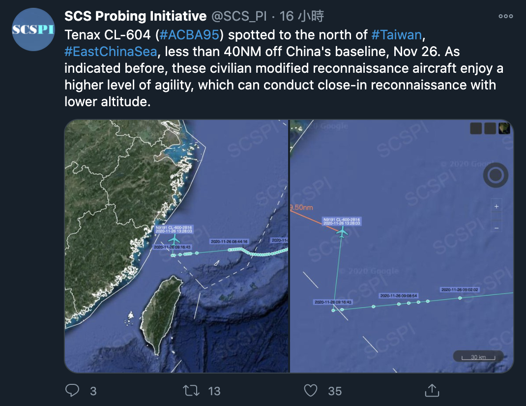 「南海戰略態勢感知計畫」指出，美國Tenax公司CL-604偵察機穿越台灣北部，靠近中國海岸線後，利用低空優勢，對中國進行近距離高強度偵察。   圖：翻攝SCSPI推特(photo:NewTalk)