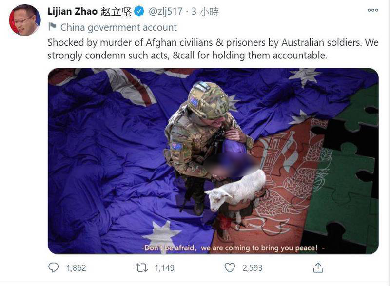 中國外交部發言人趙立堅今日(30日)在推特上發文，一秒引爆澳洲朝野的怒火。   圖:翻攝自趙立堅推特(photo:NewTalk)