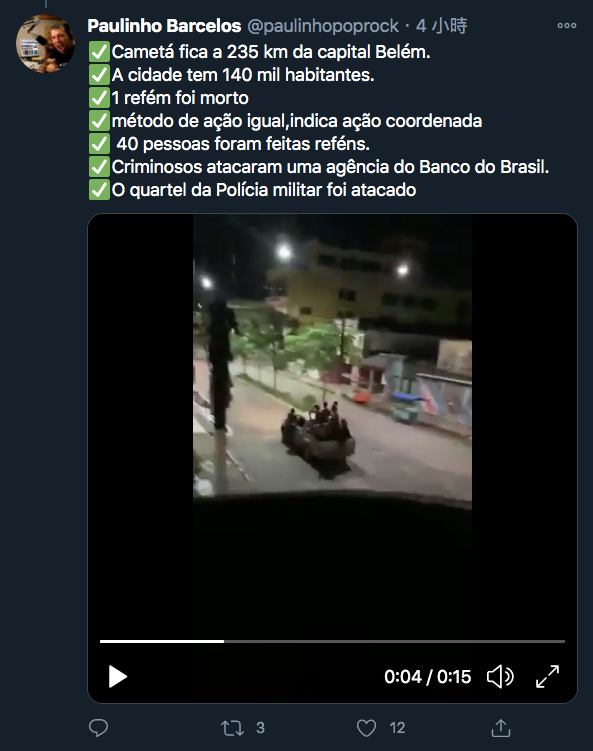 巴西東部聖卡塔里納州克里西烏瑪市（Criciúma）當地時間1日傳出大規模銀行武裝搶案，劫犯行搶後沿途對空掃射且焚燒車輛。   圖：翻攝Paulinho Barcelos推特(photo:NewTalk)