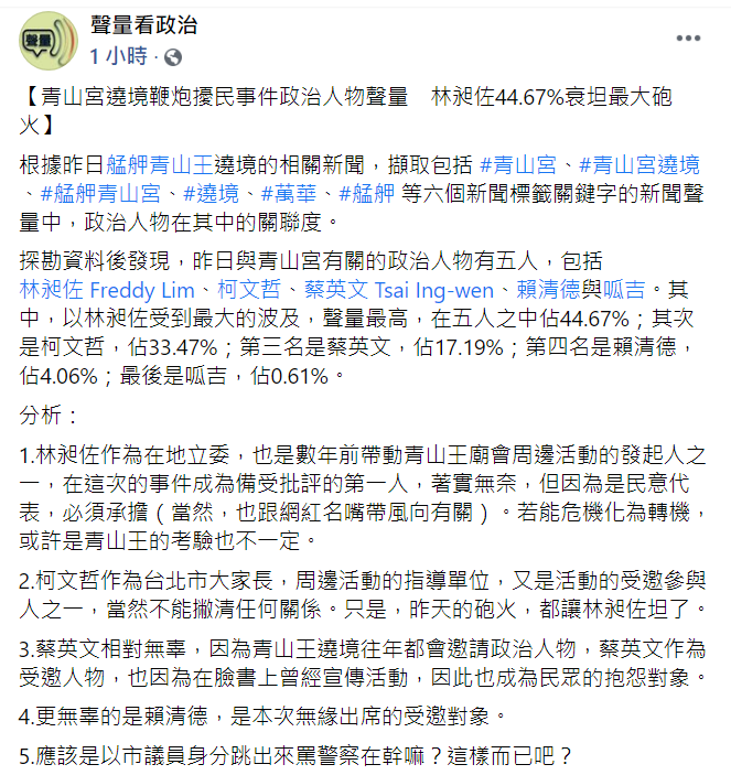 Recently, the Mengjia Qingshan Palace in Taipei City made a runaway detour, prompting public complaints.  The fan page 