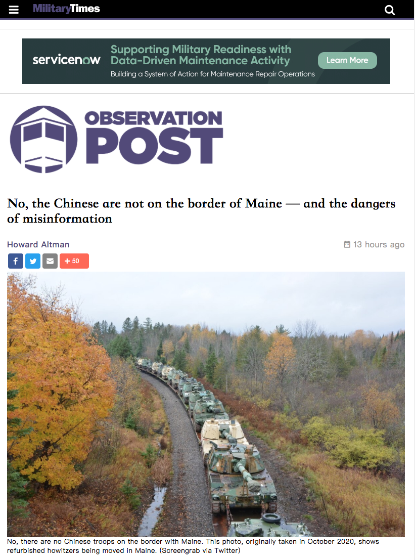 美國近日有流言稱中國5萬大軍集結於美加邊境，以及日前美軍墜毀F-16戰機是遭解放軍擊落，《軍事時報》（Military Times）報導澄清，「不，中國人並沒有在緬因州邊界上。（No, the Chinese are not on the border of Maine）」   圖：翻攝《軍事時報》新聞網