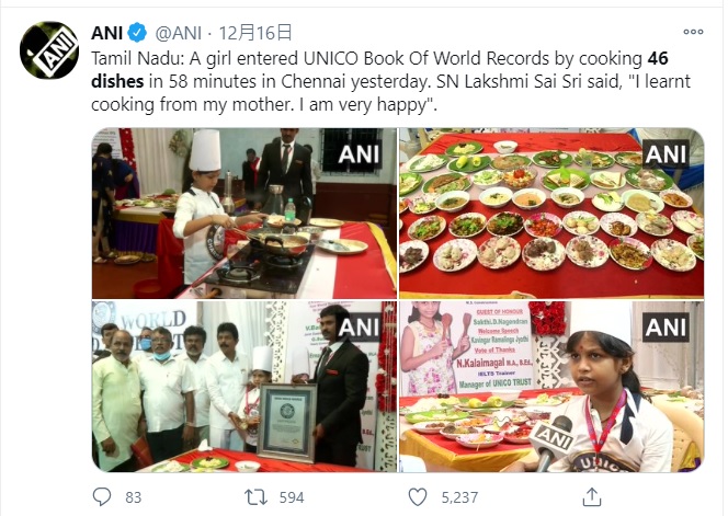 印度10岁女童在58分钟之内就煮出46道料理，打破世界纪录。   图:翻摄自ANI推特(photo:NewTalk)