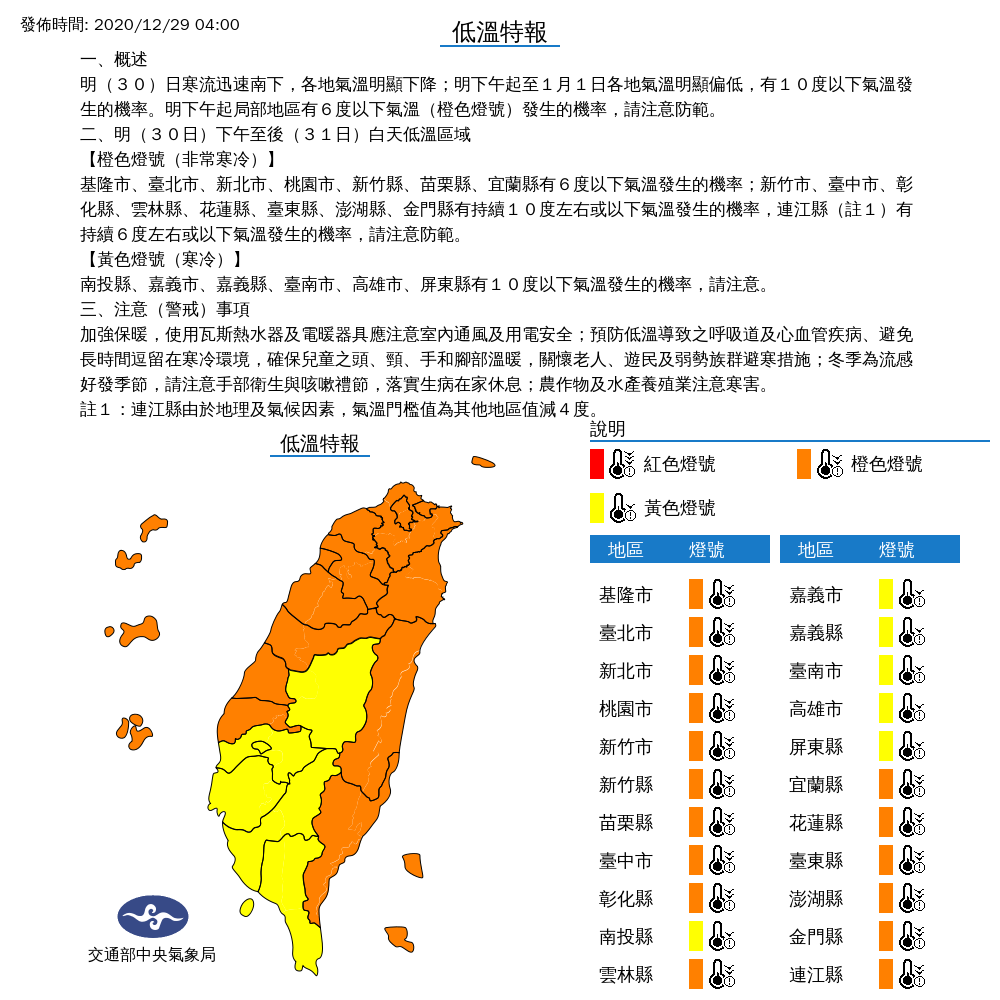 Since noon on the 30th, the cold current hit the overlord level and the Meteorological Office issued a special low temperature report for all of Taiwan.  Among them, counties and cities such as Shuangbei, Keiyi and Taozhumiao can drop below 6 degrees Celsius Image: Central Meteorological Office / provided