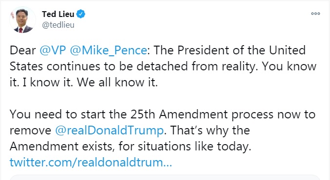 Representative Liu Yunping, an American businessman from Taiwan, yelled at Pence on Twitter, urging him to activate the US Constitution against the current president.Image: Posted again from Liu Yunping's Twitter