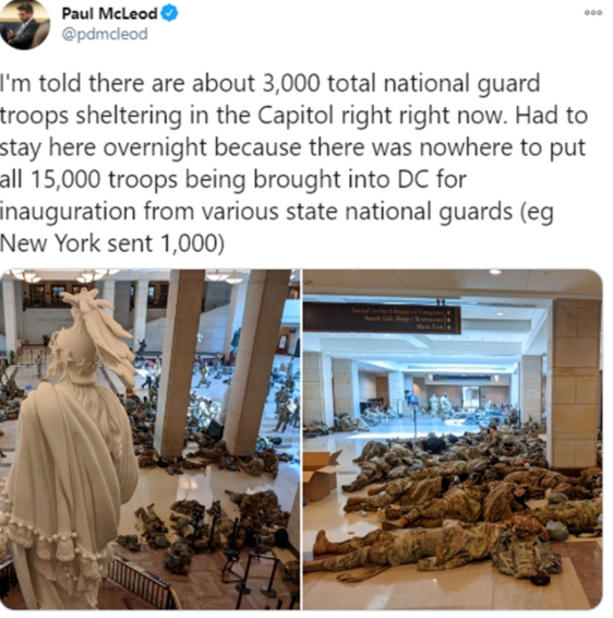 3,000美國大兵睡滿國會地板 防暴徒再衝國會 1.5萬軍隊荷槍實彈進駐華府