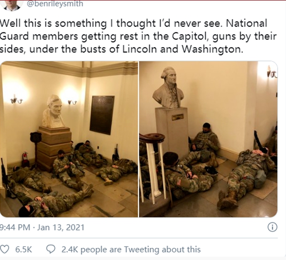 3,000美國大兵睡滿國會地板 防暴徒再衝國會 1.5萬軍隊荷槍實彈進駐華府