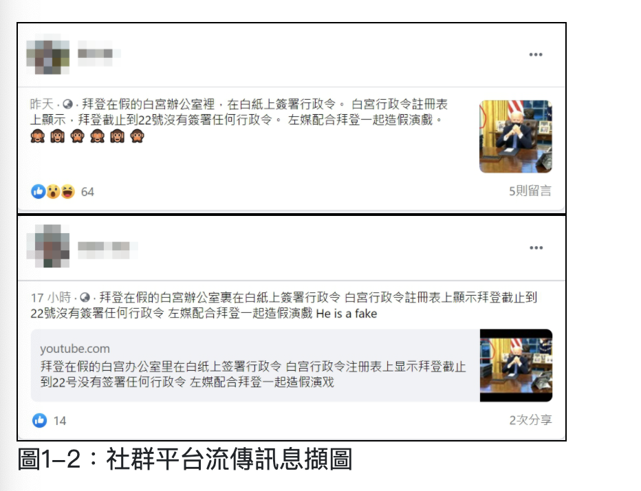 社群平台用戶貼文稱，「拜登在假的白宮辦公室在白紙上簽署行政命令」、「左媒配合拜登一起造假演戲」。   圖：翻攝自TFC